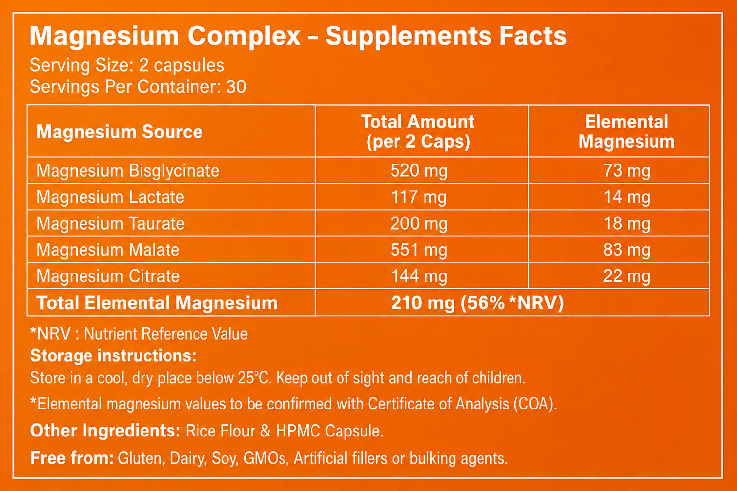 Magnesium Complex Supplement Facts: serving size 2 capsules, 30 servings, 210 mg elemental magnesium (56% NRV)